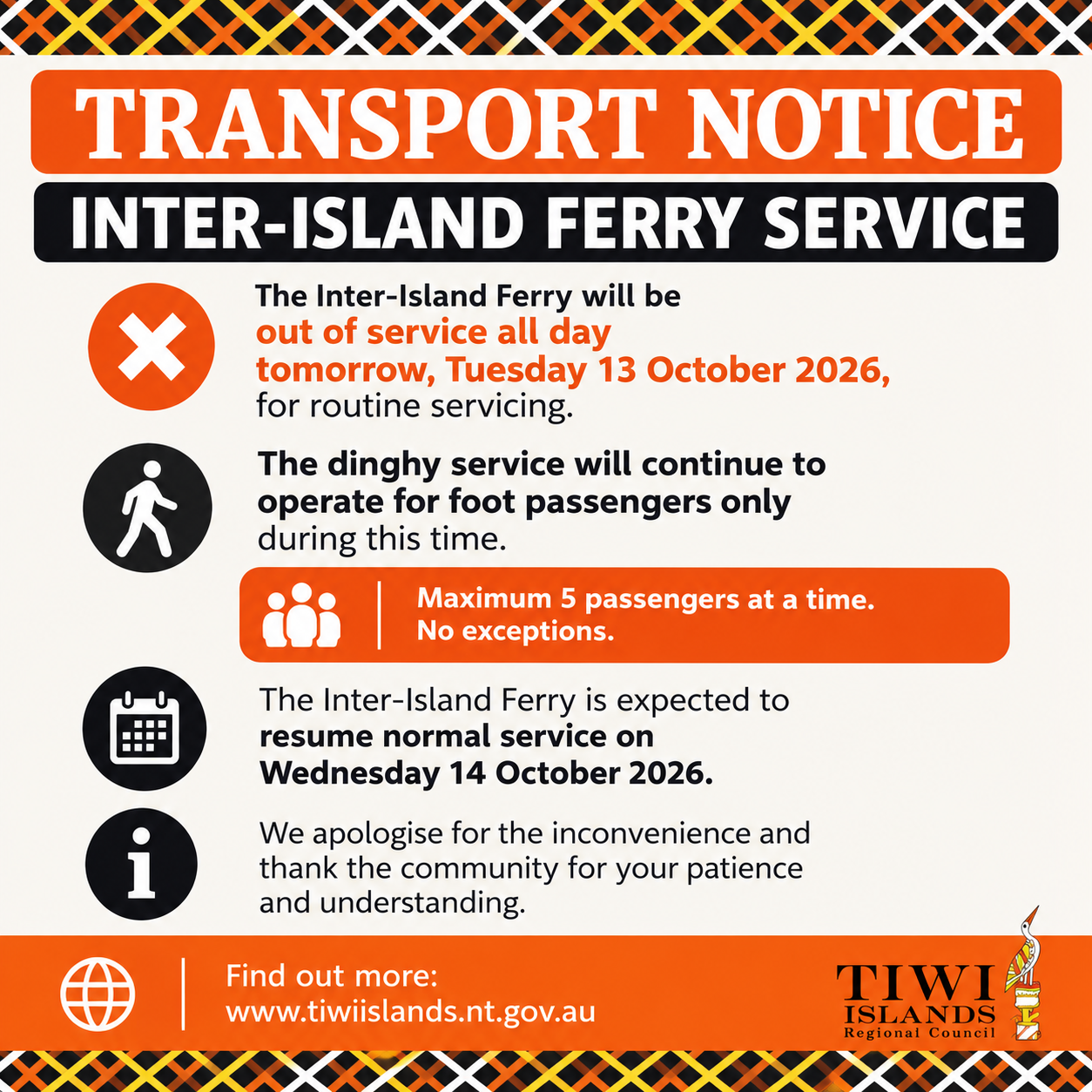 Inter-Island Ferry Out of Service – Tuesday 13 October